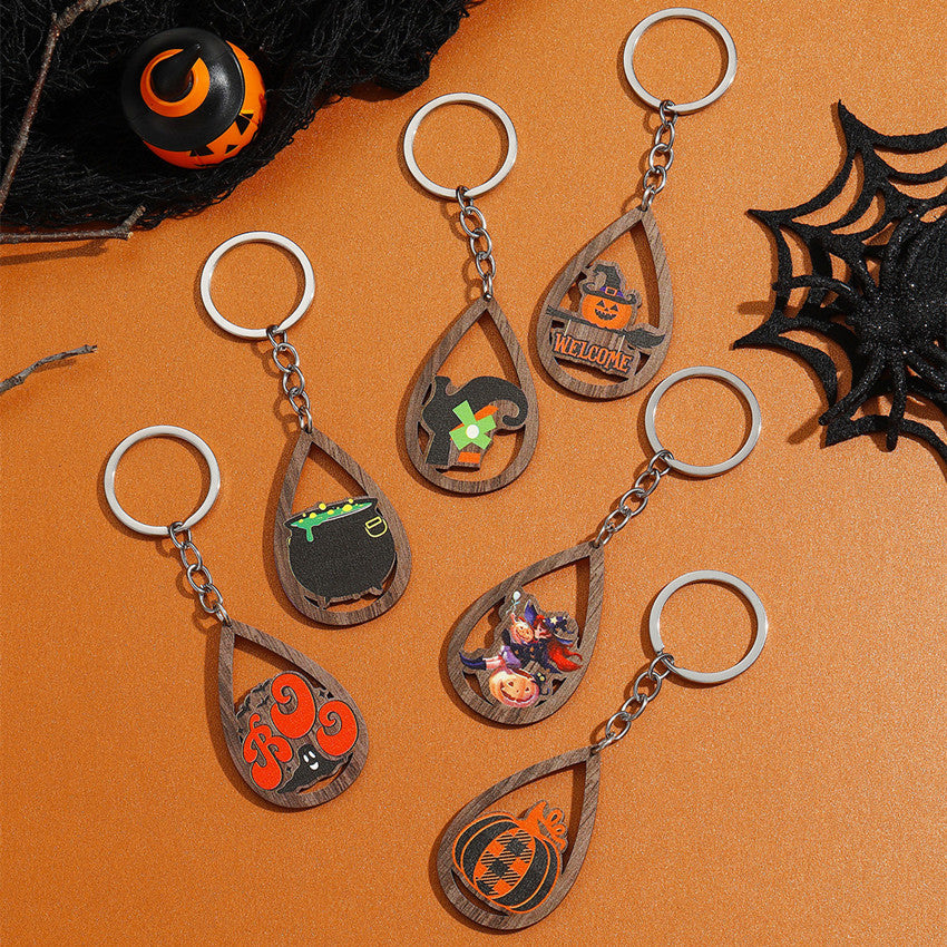 Wholesale Halloween Water Drops Pumpkin Ghost Print Wooden Keychain